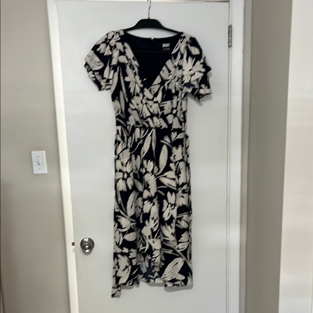 DKNY Black and Cream Floral Midi Dress
